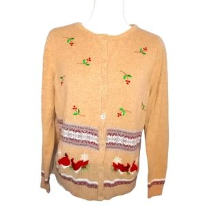 Vtg Crystal Kobe Christmas Grandma Ramie/Cotton Tan Women's Cardigan Sweater M